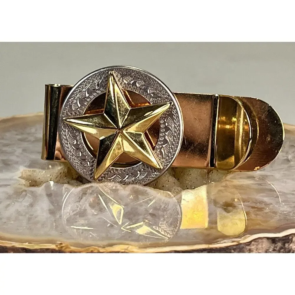 Texas Lone Star Gold Tone Money Clip Western Engraved Round Medallion